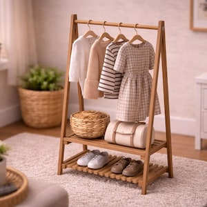 May include: A light brown wooden A-frame clothing rack featuring a top hanging rod with four wooden hangers holding a white long-sleeve shirt, a beige sweater, a striped shirt, and a beige gingham dress, plus a lower shelf with a basket and shoes.
