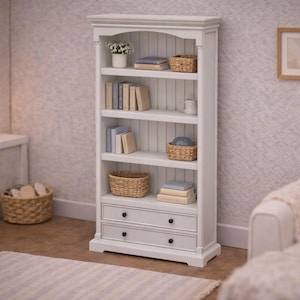 May include: A white wooden bookshelf with multiple shelves and two drawers. The shelves display books, woven baskets, and a small mug. The bookshelf is in a room with a window, a lit candle, and a sofa.