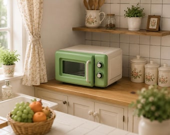Puede incluir: Un horno microondas de color verde salvia y crema con una ventana rectangular de cristal, un asa vertical y dos perillas de control circulares en el lado derecho, colocado sobre una encimera de madera en una cocina con varios utensilios.