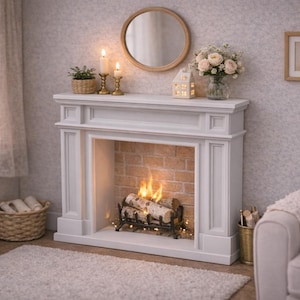 May include: A white fireplace mantel with a brick-patterned interior and a black metal grate holding burning logs. The mantel is decorated with two gold candlesticks, a small potted plant, a white house-shaped lantern, and a glass vase of flowers.