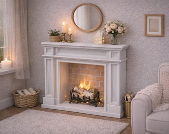 Puede incluir: Una chimenea decorativa blanca con interior de ladrillo y una rejilla de metal negro con troncos de abedul y llamas parpadeantes. La repisa está decorada con dos candelabros de latón, una linterna en forma de casa y un florero.