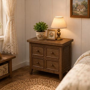 May include: A miniature bedroom scene featuring a wooden nightstand with four drawers, a lamp, and a framed picture. A small potted plant sits atop the nightstand. A bed with a floral patterned comforter and pillow is visible.