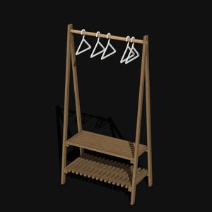 May include: A light brown wooden garment rack with an A-frame structure, featuring a horizontal hanging rod at the top with four white plastic hangers attached, and two slatted storage shelves positioned at the middle and bottom levels.
