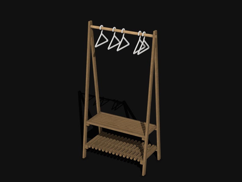 May include: A light brown wooden garment rack with an A-frame structure, featuring a horizontal hanging rod at the top with four white plastic hangers attached, and two slatted storage shelves positioned at the middle and bottom levels.