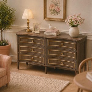 Può includere: Una cassettiera in miniatura in legno con sei cassetti, frontali curvi e finiture dorate. Una lampada, un quadro incorniciato, libri e un vaso di fiori rosa sono sopra. Sono visibili anche un piccolo albero in vaso e una poltrona fantasia.