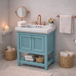 May include: A bathroom scene featuring a light blue vanity with a white sink and copper fixtures. The room includes a copper-framed mirror, towel rack, and toilet paper holder. Wicker baskets hold towels, and candles add a warm ambiance.