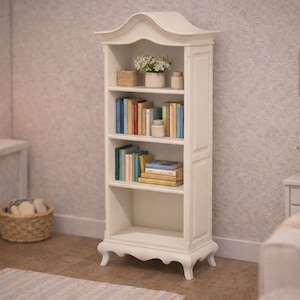Puede incluir: Una estantería blanca y ornamentada llena de libros y objetos decorativos. La estantería tiene varios estantes y una parte superior curvada. Una pequeña cesta y una vela encendida están en el fondo, creando un ambiente acogedor.