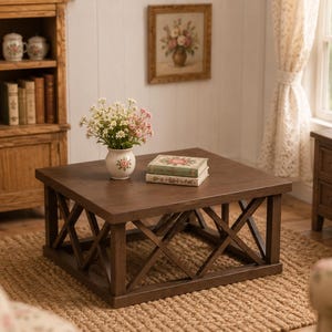 May include: A dark brown square coffee table with an X-shaped design on the sides. A vase of flowers and two books are on top of the table. The room has a cozy, vintage aesthetic.