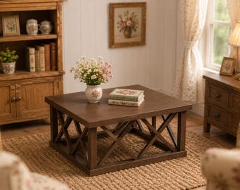 Puede incluir: Una mesa de centro cuadrada de madera con acabado marrón oscuro y un diseño de refuerzo en cruz en la base. La superficie de la mesa sostiene un pequeño jarrón de cerámica blanca con flores rosas y blancas, junto a dos libros apilados.