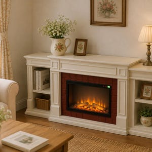 May include: A cream-coloured electric fireplace mantel with integrated side shelving units. The fireplace features a red brick-patterned surround and a black glass front displaying glowing orange artificial flames and logs.