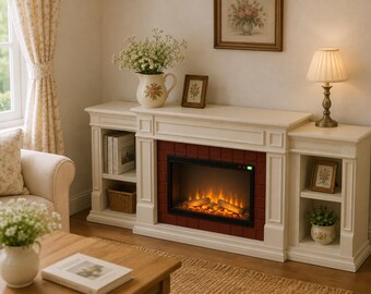 Puede incluir: Una chimenea eléctrica de color crema con estanterías laterales integradas. La chimenea presenta un marco con patrón de ladrillo rojo y un frente de cristal negro que muestra llamas y leños artificiales de color naranja.