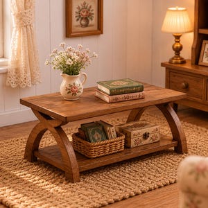 May include: A miniature living room scene with a wooden coffee table, a floral patterned armchair, and a woven rug. The table holds books, a vase of flowers, and a basket. A lamp and a bookshelf are in the background.