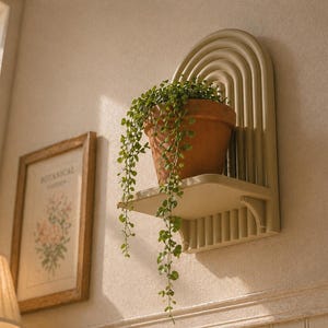 May include: A cream-colored, arched wall shelf with a terracotta pot holding a trailing green plant. The shelf is mounted on a beige wall, with a framed botanical print and a lamp visible in the background. The shelf has a decorative design.