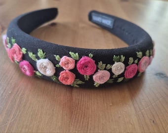 Embroidered Pink Rose Headband, Black Floral Hair Accessory, Handmade Boho Crown