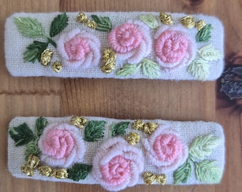 Embroidered Floral Linen Hair Clips, Pink Rose Barrettes, Cottagecore Accessories