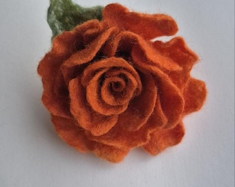 Handmade Orange Felt Rose Brooch, Floral Pin, Wool Flower Accessory, Unique Handmade Jewelry