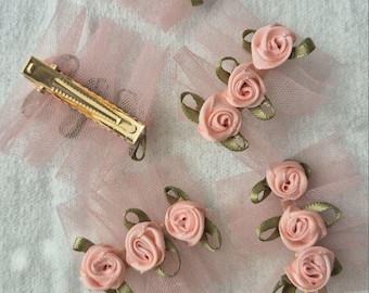 Pink Tulle Rose Baby Girl Hair Clip, Floral Toddler Accessory, Handmade