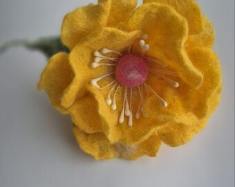 Yellow Felt Flower Brooch, Handmade Wool Bloom Pin, Artisan Jewelry