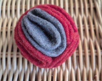 Handmade Felt Flower Brooch, Red Gray Wool Pin, Artistic Accessory