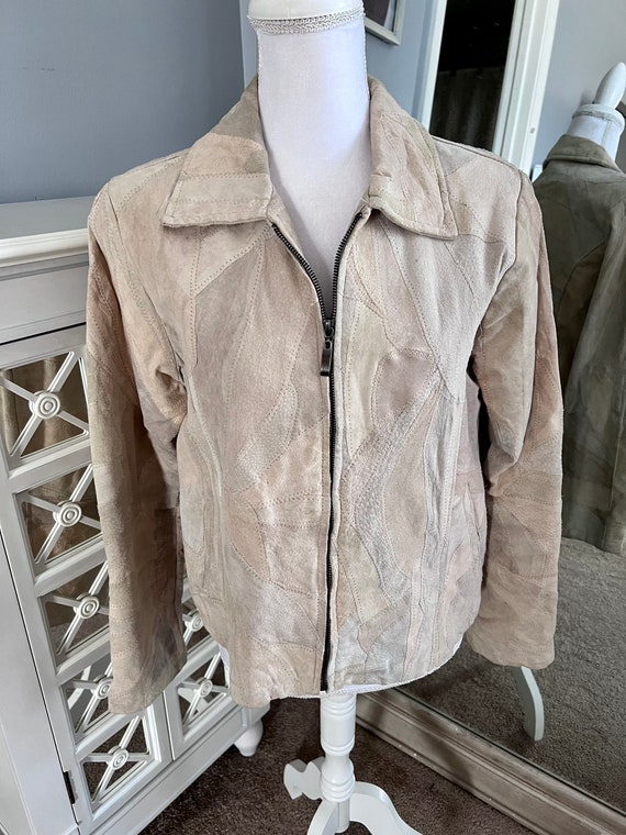 Vintage 90s Leather Patchwork Suede Jacket Cream … - image 1