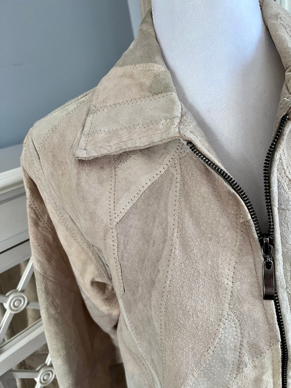 Vintage 90s Leather Patchwork Suede Jacket Cream … - image 3