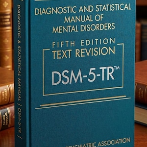 May include: A teal hardcover book titled Diagnostic and Statistical Manual of Mental Disorders, Fifth Edition, Text Revision, DSM-5-TR, published by the American Psychiatric Association. The cover features gold lettering and a silver DSM-5-TR logo.