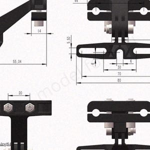May include: Black metal bracket with measurements in millimeters. The bracket has multiple sections with holes and joints, and is designed for mounting. The image includes dimensions such as 55.04mm, 20mm, and 14mm.