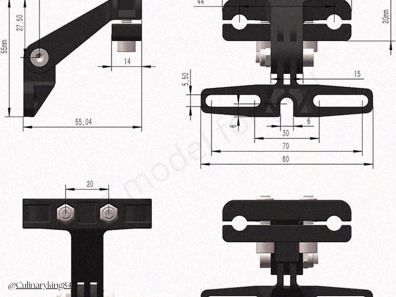 May include: Black metal bracket with measurements in millimeters. The bracket has multiple sections with holes and joints, and is designed for mounting. The image includes dimensions such as 55.04mm, 20mm, and 14mm.