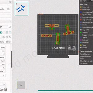 May include: A 3D printer interface displays a print bed with several orange and green 3D-printed components. The interface shows print settings, including layer details and filament usage. The Flashforge logo is visible.