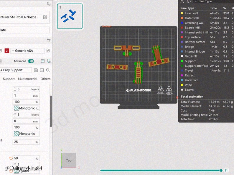 May include: A 3D printer interface displays a print bed with several orange and green 3D-printed components. The interface shows print settings, including layer details and filament usage. The Flashforge logo is visible.