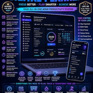 May include: A digital ADHD planner displayed on a laptop and smartphone screen, featuring a dark interface with neon blue and purple accents. The layout includes a dashboard, habit tracker, focus timer, and goal tracking tools with text overlays.