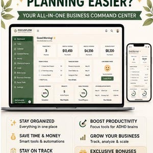 May include: A digital business command center dashboard displayed on a laptop and smartphone screen. The interface features dark green and cream tones, showing financial metrics, task lists, and project progress. Text includes READY TO MAKE PLANNING EASIER? and YOUR ALL-IN-ONE BUSINESS COMMAND CENTER.