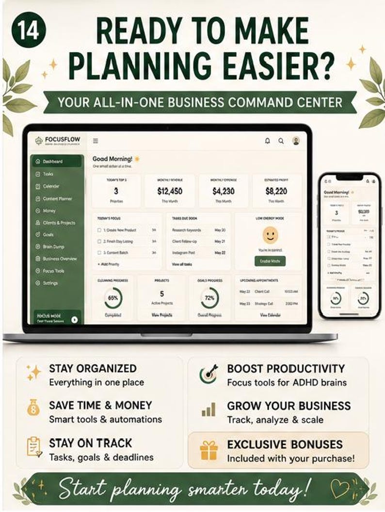 May include: A digital business command center dashboard displayed on a laptop and smartphone screen. The interface features dark green and cream tones, showing financial metrics, task lists, and project progress. Text includes READY TO MAKE PLANNING EASIER? and YOUR ALL-IN-ONE BUSINESS COMMAND CENTER.