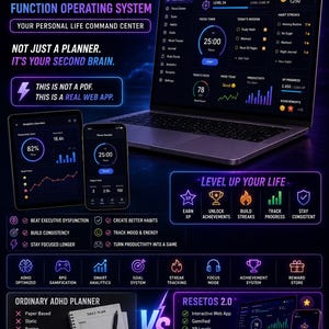 adhd Executive Function System | Gamified Productivity Web App | ADHD Planner Dashboard | Focus Timer, Habit Tracker & Life Operating log
