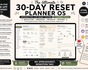 Interactive 30-Day Reset Planner | Digital Declutter & Habit Tracker (ZIP File)