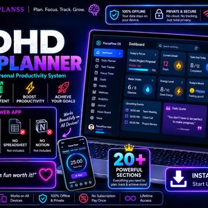 ADHD Digital Planner Web App, Offline Productivity Dashboard, Habit Tracker, Focus Timer & Mood Tracker | Offline Productivity Dashboard