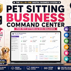 May include: A digital business system for pet sitters and dog walkers displayed on a laptop screen. The interface shows a dashboard with tabs for clients, bookings, and finances, alongside a bonus bundle list, a cat, and a golden retriever.