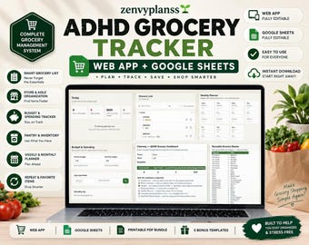 ADHD Grocery Planner Bundle | Google Sheets, Budget Tracker, Meal Planner (Digital Download)
