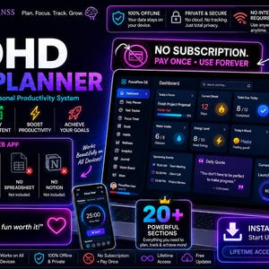 ADHD digital planerare webbapp | Produktivitetsöversikt offline | Interaktiv ADHD-logg | Vanespårare | Välbefinnande- och målsystem | målspårare