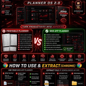 Puede incluir: Gráfico promocional para el "ADHD Dopamine Planner OS 2.0". El diseño presenta una combinación de colores rojo y negro, con texto e iconos que resaltan características como la productividad gamificada y el acceso a la aplicación web. El planificador está diseñado para cerebros con TDAH.
