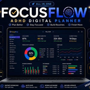 May include: A laptop displaying the FocusFlow ADHD digital planner interface with a dark theme, featuring a dashboard with productivity metrics, a pie chart, line graphs, and bar charts. The screen shows text including Focus Score, Tasks Completed, Focus Time, Current Streak, and various productivity categories.