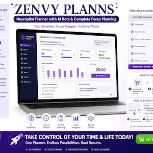 以下が含まれることがあります： ノートパソコンに表示された「Zenvy Planns」のインターフェース。AIボット搭載のデジタルプランナーで、集中力と生産性を高めます。画面には、進捗状況の追跡、タイマー、タスク管理機能が表示されています。プランナーの利点を説明するテキストも含まれています。
