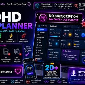 ADHD Digital Planner Web App | offline Productivity Dashboard | Interactive ADHD log | Habit Tracker | Wellness & Goal system | goal tracker