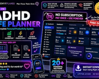 ADHD Digital Planner Web App | Offline Productivity Dashboard | habit tracker, productivity planner,mood tracker | focus planner