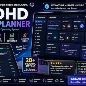 May include: A digital ADHD life planner displayed on a laptop and tablet screen, featuring a dark mode dashboard with productivity metrics, habit trackers, and task lists. The interface includes text labels like ADHD LIFE PLANNER, 100% OFFLINE, and 20+ POWERFUL SECTIONS, presented in a modern, high-contrast layout.