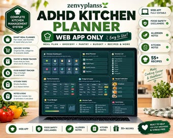 ADHD Kitchen Planner, Meal & Grocery Tracker, 59 Recipes (Digital Download)