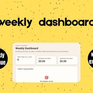 May include: A digital weekly dashboard planner interface on a yellow background with black text reading weekly dashboard, weekly revenue, and weekly expense. The interface displays open tasks, revenue, expenses, and today's top priorities section.