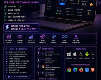 ADHD Digital Planner Web App | Gamified Productivity Dashboard | Offline Life Reset Planner