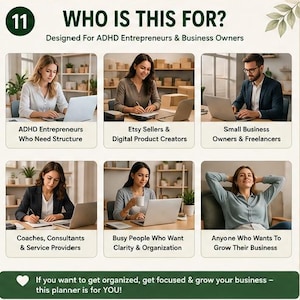 May include: An informational graphic titled WHO IS THIS FOR? featuring six panels showing individuals working in office settings. Text labels identify target users including ADHD entrepreneurs, Etsy sellers, small business owners, and consultants.