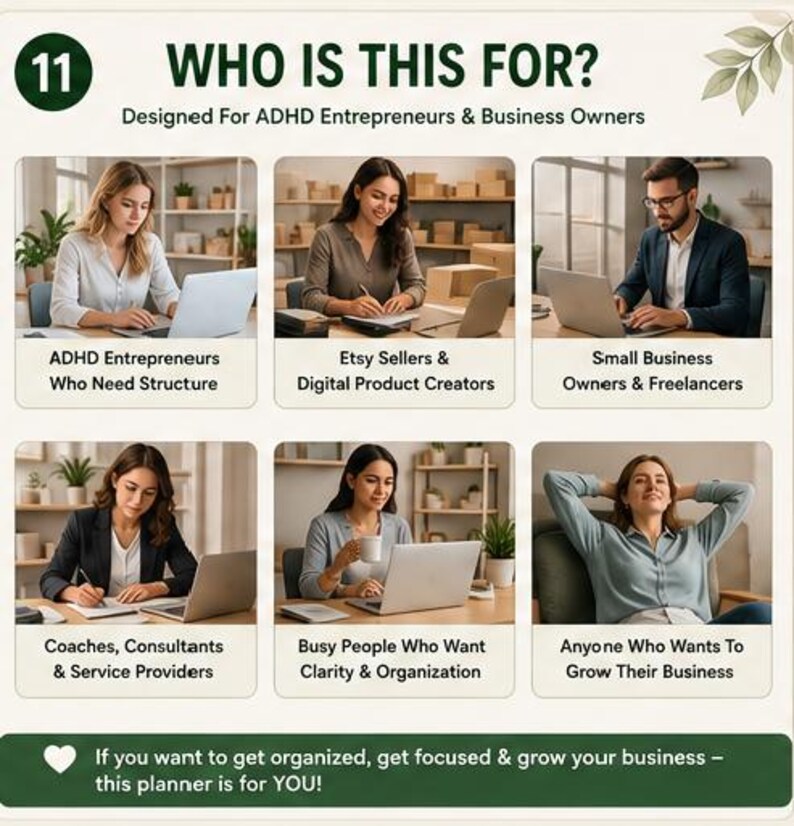 May include: An informational graphic titled WHO IS THIS FOR? featuring six panels showing individuals working in office settings. Text labels identify target users including ADHD entrepreneurs, Etsy sellers, small business owners, and consultants.